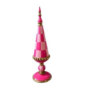 Pink & Gold Checkered Footed Tabletop Finial Cone Tree Shaped Christmas NEW RARE
